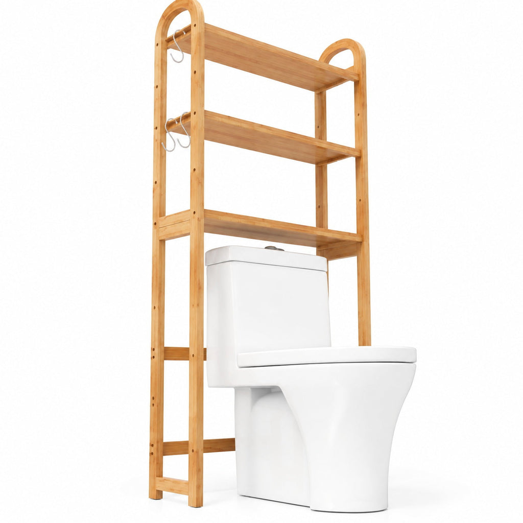 Airfind 3-Tier Bamboo Bathroom Floor Organizer with 5-Position Shelves and 3 Hooks, 132 lbs Capacity, Bamboo Frame, Natural