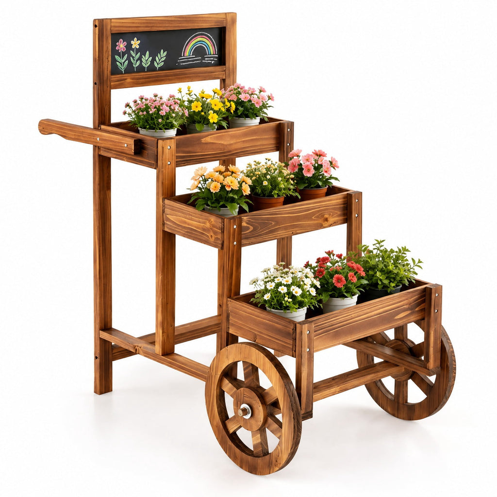 Airfind 3-Tier Carbonized Fir Wood Plant Display Stand Wooden Dessert Candy Cart, 44 lbs Capacity, 23 Inch x 39 Inch x 40 Inch Footprint, Brown
