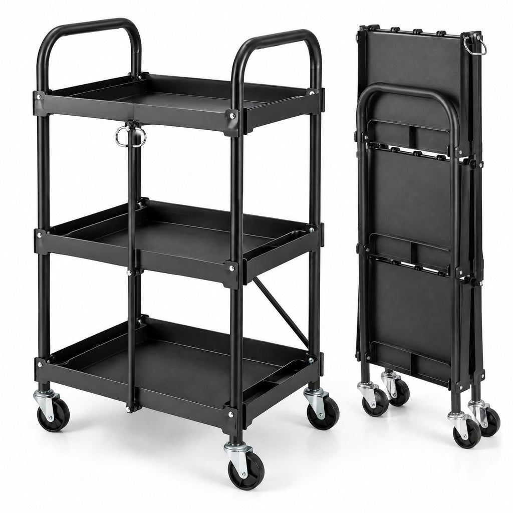 Airfind 3-Tier Folding Trolley Cart with Universal Wheels Heavy Duty for Warehouse, 33 lbs Capacity, Metal Frame, 24 x 16 x 38.5 Footprint, Black