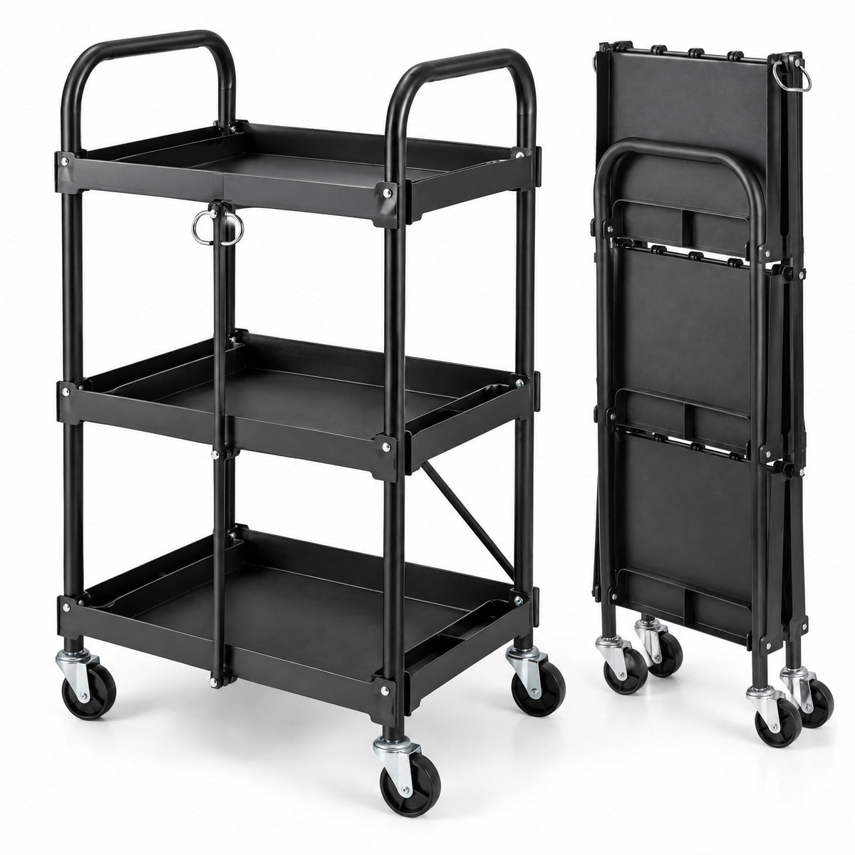 Airfind 3-Tier Folding Trolley Cart with Universal Wheels Heavy Duty for Warehouse, 33 lbs Capacity, Metal Frame, 24 x 16 x 38.5 Footprint, Black