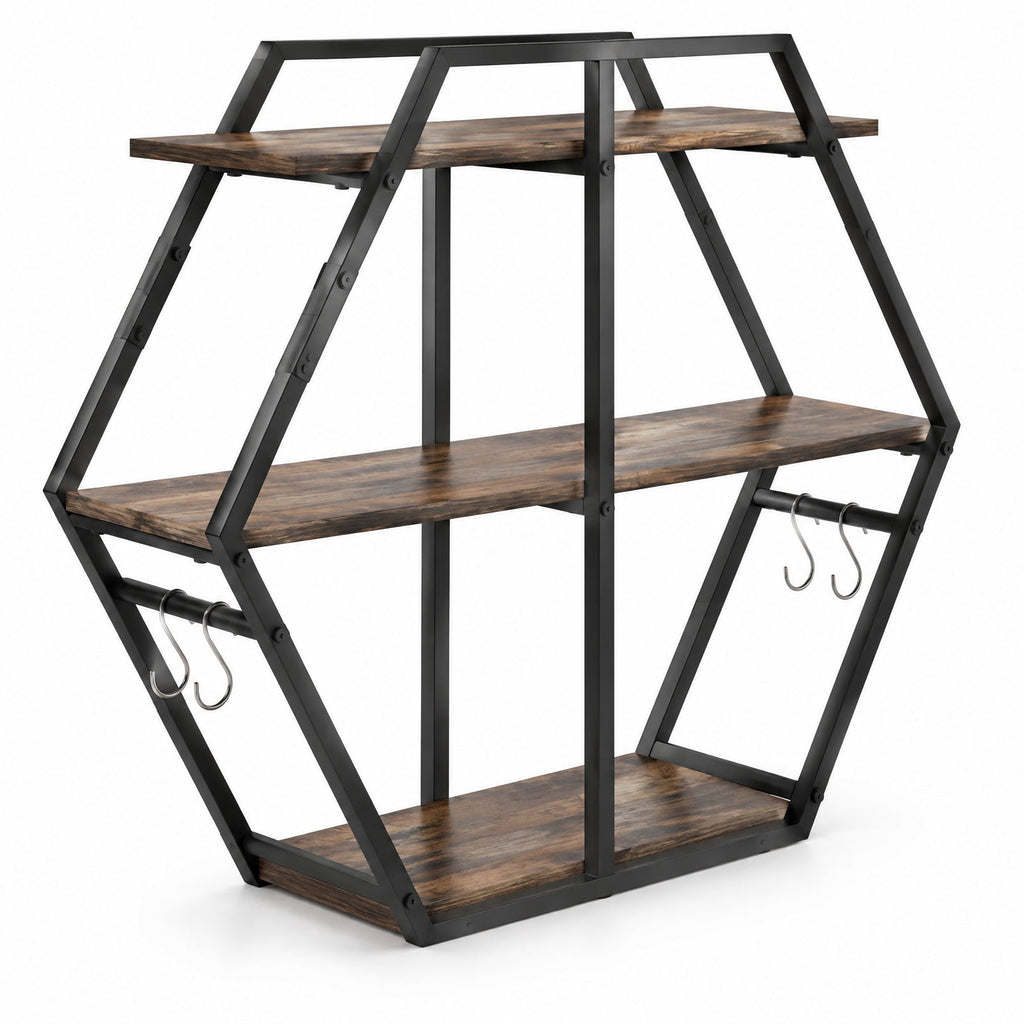 Airfind 3-Tier Geometric Bookcase with S-Shaped Hooks for Living Room, 80 lbs Capacity, Engineered Wood Metal Frame, Brown