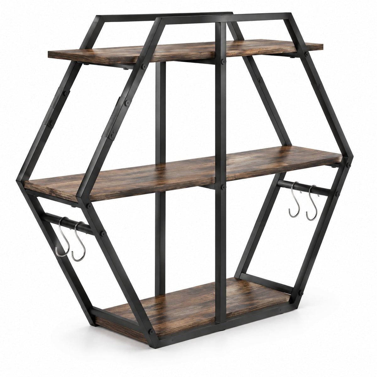 Airfind 3-Tier Geometric Bookcase with S-Shaped Hooks for Living Room, 80 lbs Capacity, Engineered Wood Metal Frame, Brown