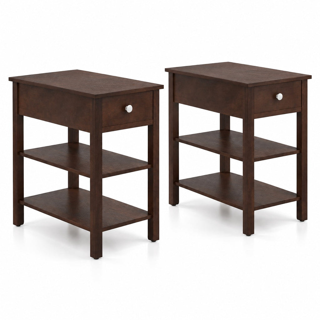 Airfind 3-Tier Narrow End Table with Drawer and Storage Shelves Set of 2, 210 lbs Capacity, MDF Rubber Wood Frame, Walnut