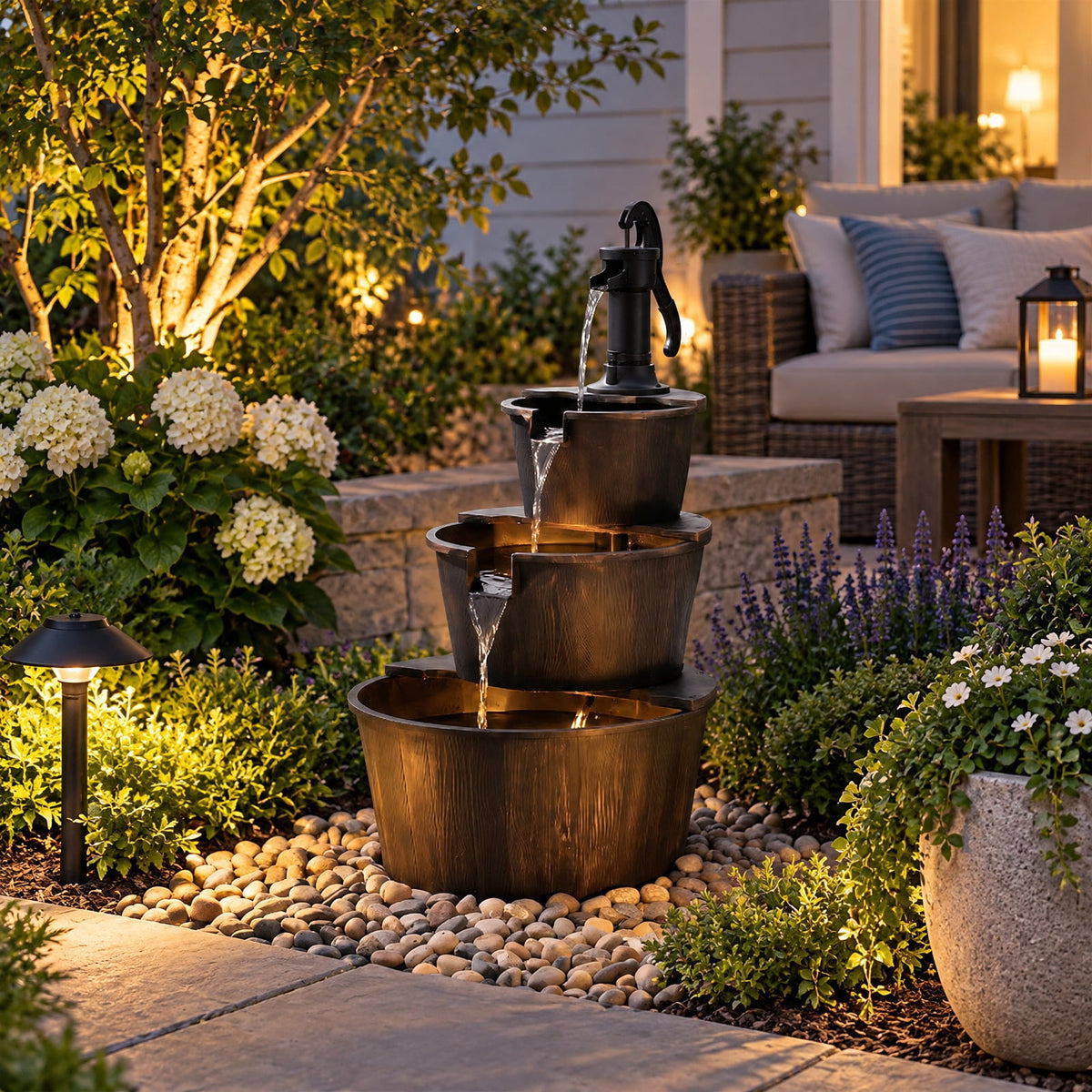 Airfind 3-Tier Outdoor Barrel Waterfall Fountain with Electric Pump, PP Metal Frame, 24 x 21 x 37 Footprint, Bronze Black
