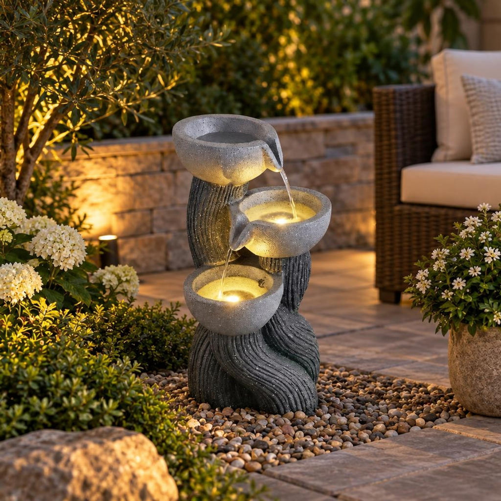Airfind 3-Tier Outdoor Water Fountain with LED Lights 18.5 Inch H for Patio Deck, Resin Fiberglass Frame, Gray