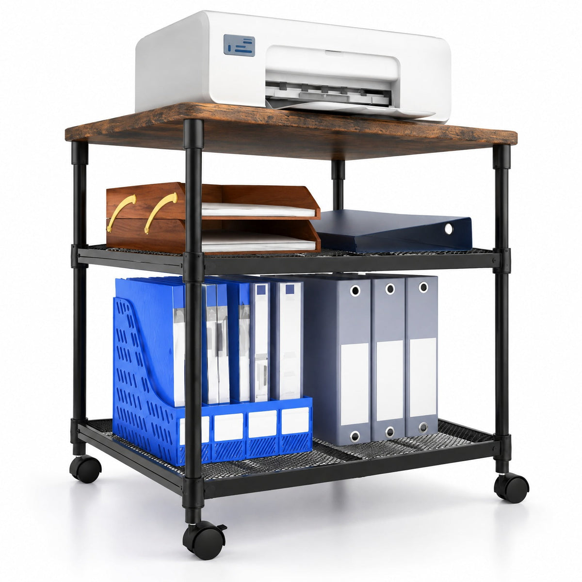 Airfind 3 Tier Printer Stand Rolling Fax Cart with Adjustable Shelf and Swivel Wheels, Engineered Wood Iron Frame, 24 x 20 x 27 Footprint, Coffee