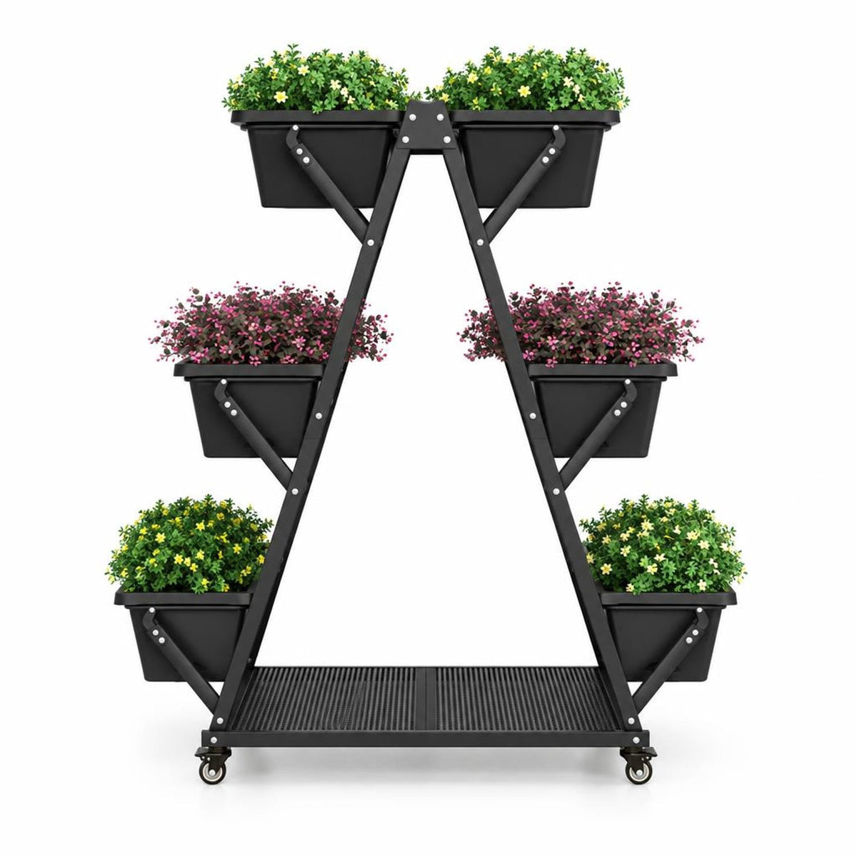 Airfind 3-Tier Vertical Raised Garden Bed with 4 Wheels and 6 Container Boxes, Carbon Steel PP Metal Frame, 38 x 23 x 47 Footprint, Black