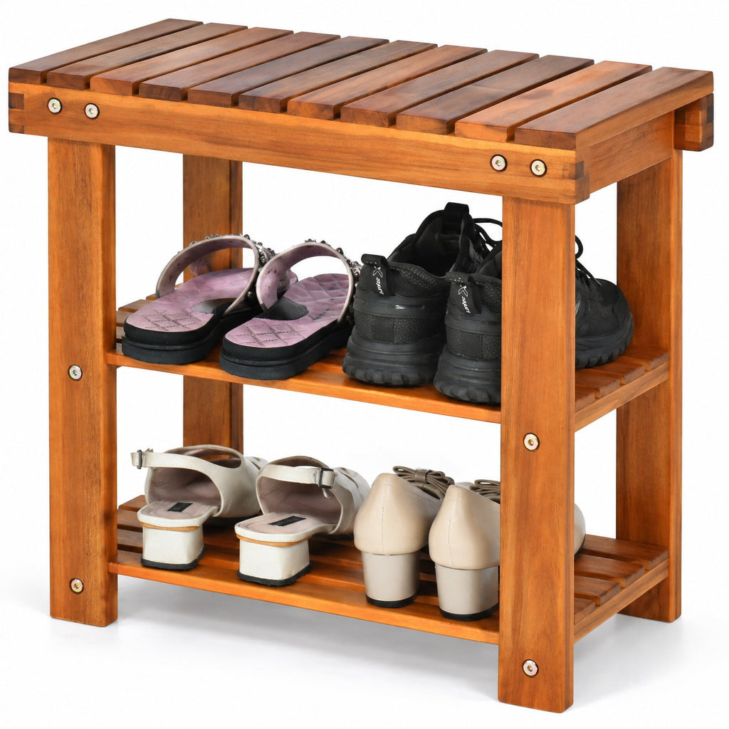 Airfind 3-Tier Wood Shoe Rack 19 Shoe Bench Boots Organizer, 180 lbs Capacity, Acacia wood Frame, 19 Inch x11 Inch x18 Inch Footprint, Wood