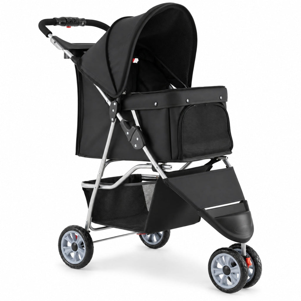 Airfind 3 Wheel Pet Stroller for Small Dogs Cats up to 33 LBS, 33 lbs Capacity, 300D Oxford Cloth Metal Mesh Sponge PU PP Frame, Black