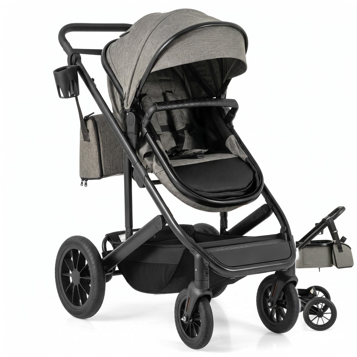 AIRFIND Baby Stroller with Reversible Seat, Bassinet Mode, Adjustable Handle and Canopy, Folding Aluminum Frame, Diaper Bag and Footmuff, Gray