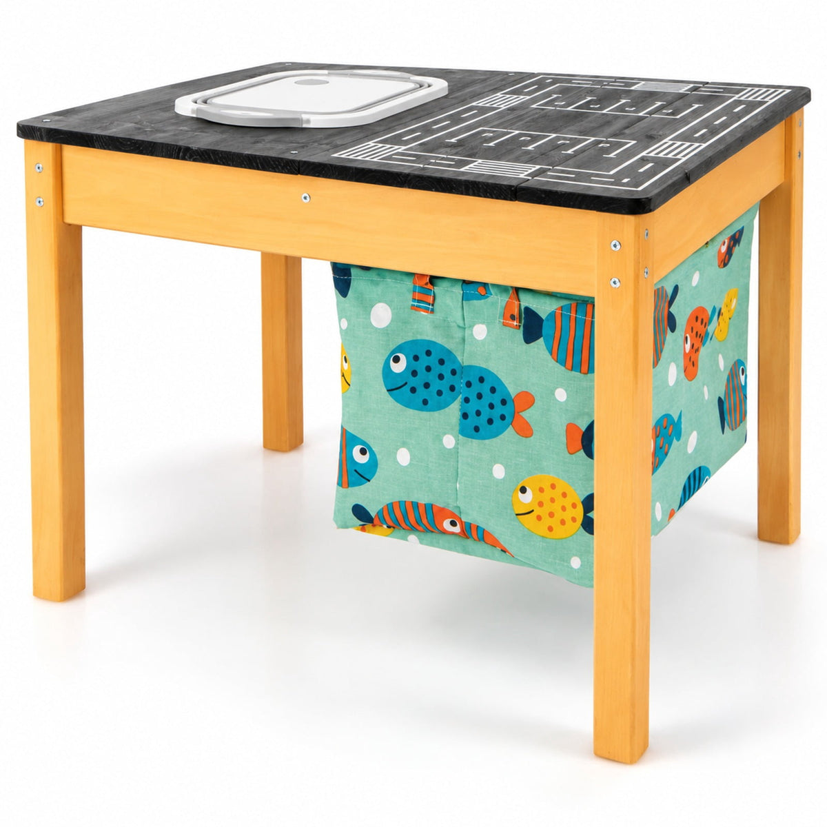 Airfind 3-in-1 Kids Sand Water Activity Table with Foldable Storage Bin, Fir Wood Fabric PP Frame, for 3-8 Years Old, Natural+Black