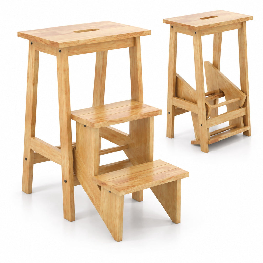 Airfind 3-in-1 Rubber Wood Step Stool with Convenient Handle, Rubber wood Frame, 22 x 16 x 24 Footprint, Natural