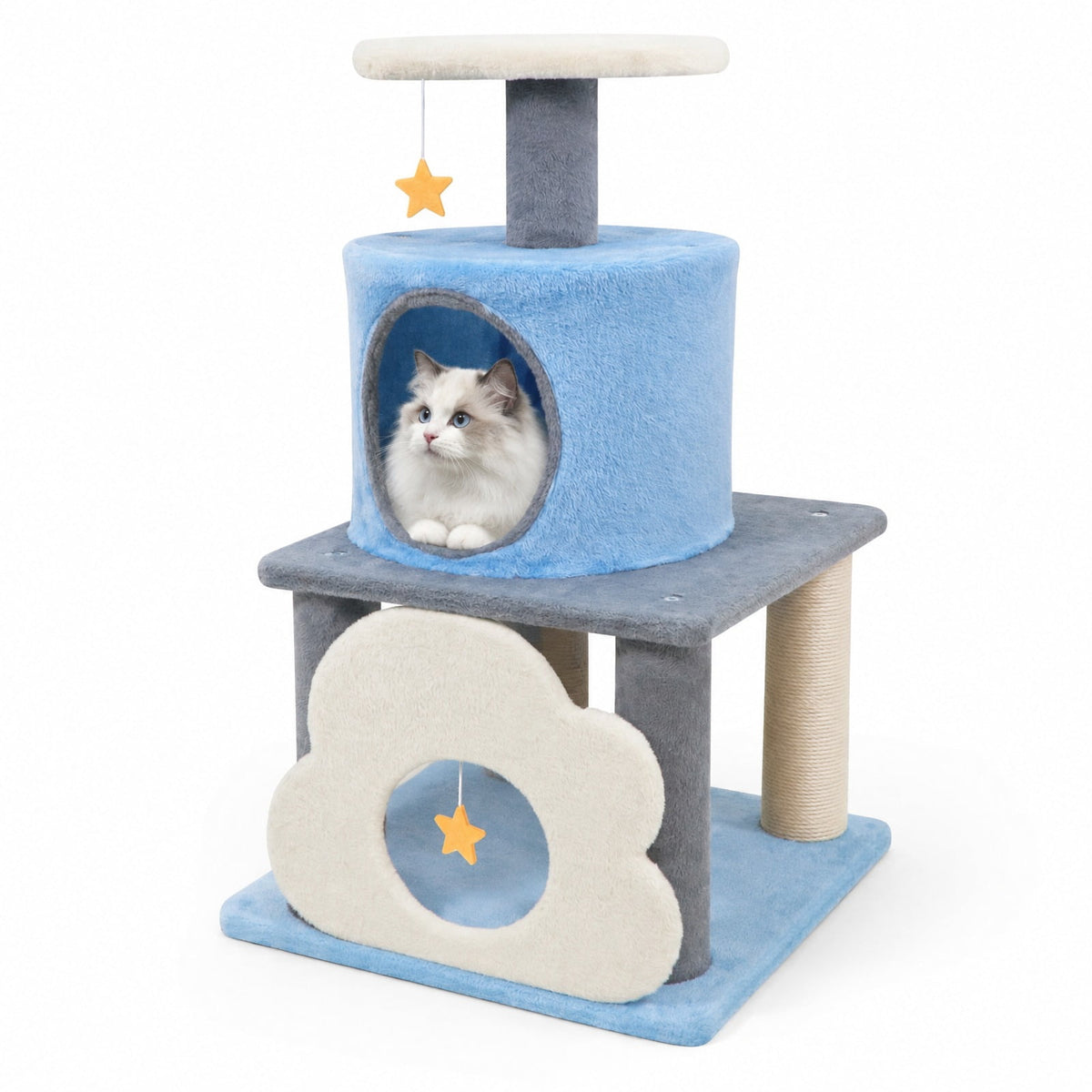 Airfind 31.5 Inch Cute Modern Cat Tree Multi-Level Kitten Tower, Engineered Board Plush Fabric Sponge Jute, 18.5 Inch X 16 Inch X 31.5 Inch Condo, Blue