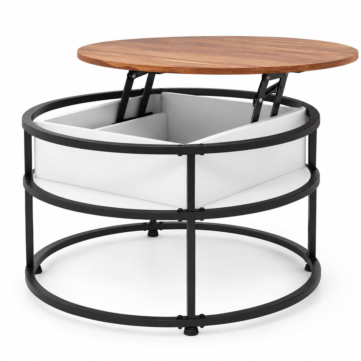 Airfind 31.5 Inch Round Lift Top Coffee Table with Hidden Compartment and Side Shelves, 110 lbs Capacity, Engineered Wood Metal Frame, Teak