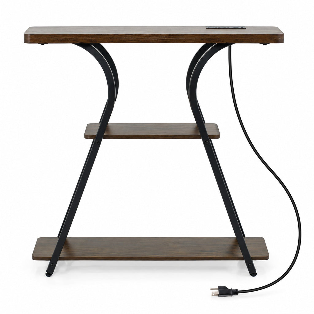 Airfind 32 Inch Narrow Long Entryway Table with Power Outlets and LED Lights, 88 lbs Capacity, Engineered Wood Metal Frame, Brown