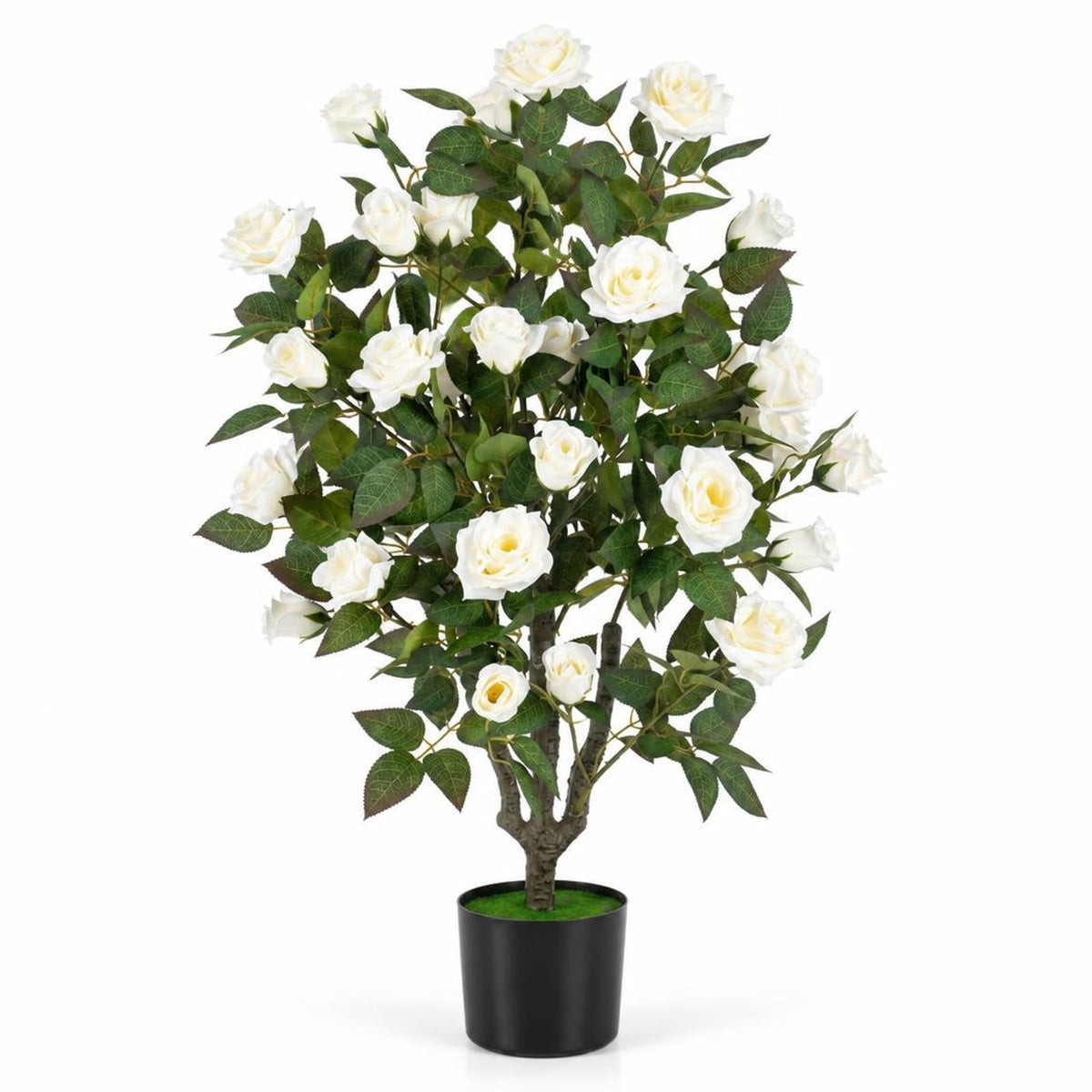 Airfind Artificial Rose Tree, 35.5 Inch, with Blooming Flowers and Leaves for Indoor, Silk Fabric Rubberized Fabric PE PP Tree Height 35.5 Inch Frame, White