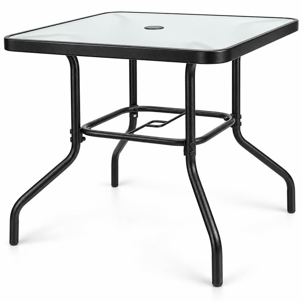 Airfind 35 Inch Patio Dining Square Tempered Glass Table with Umbrella Hole, 200 lbs Capacity, Steel tempered glass Frame, Black