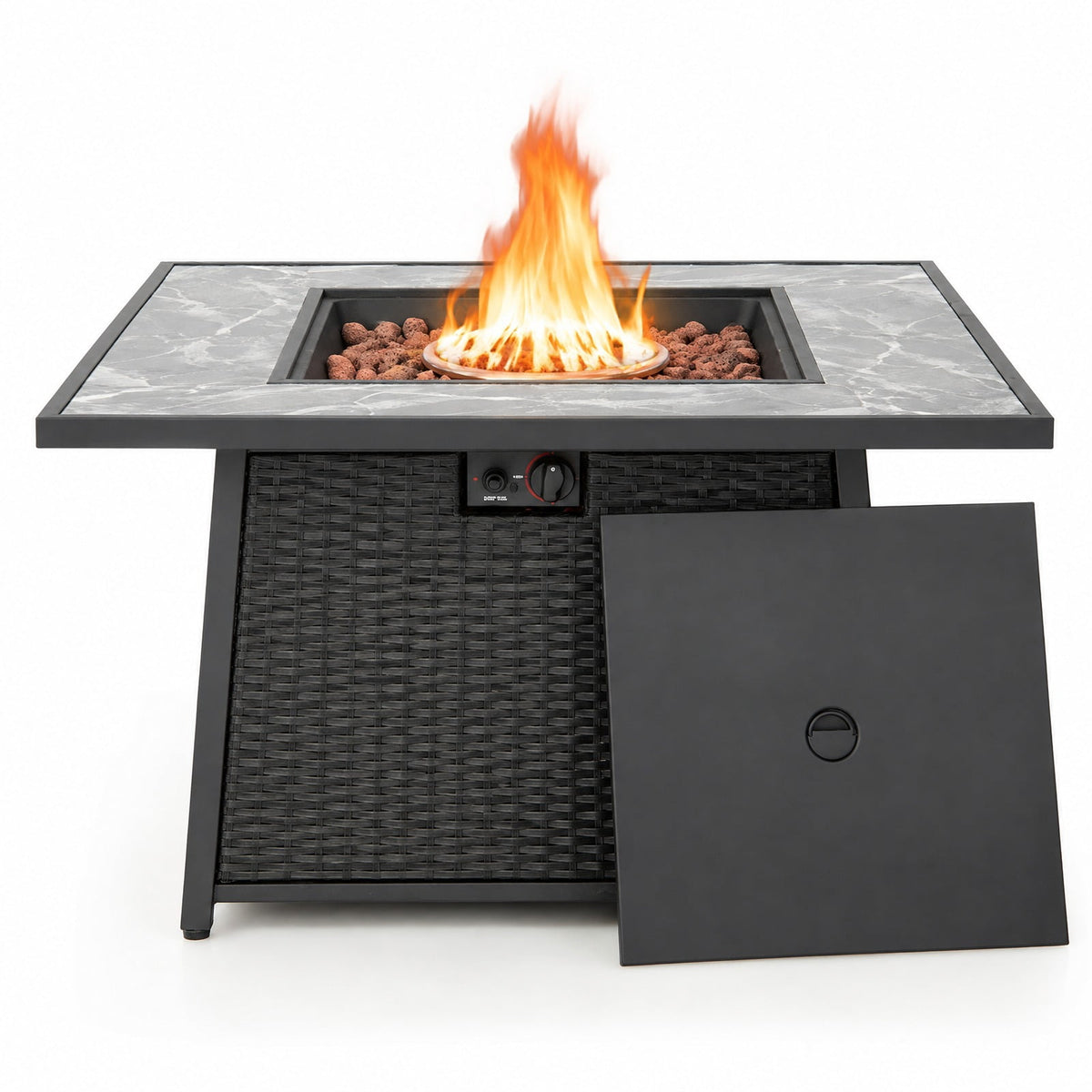Airfind 35 Inch Propane Gas Fire Pit Table Wicker Rattan with Lava Rocks PVC Cover, 330 lbs Capacity, Steel stainless steel marble PE rattan Frame