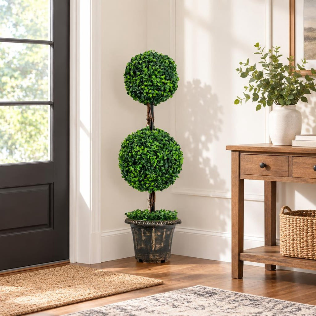 Airfind 36 Inch Artificial Double Ball Tree Indoor and Outdoor UV Protection, PE wood rattan iron tube cement Frame, Green