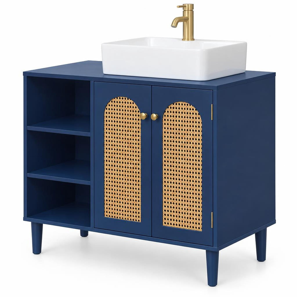 Airfind 36 Inch Under Sink Cabinet Boho for Vessel Sinks and Single-Handle Faucets, 265 lbs Capacity, MDF Rubber Wood PE Rattan Metal Frame, Navy