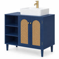 Airfind 36 Inch Under Sink Cabinet Boho for Vessel Sinks and Single-Handle Faucets, 265 lbs Capacity, MDF Rubber Wood PE Rattan Metal Frame, Navy