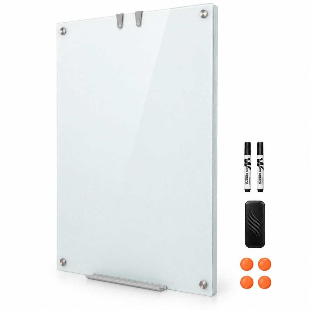 Airfind 36 x 24 Inches Glass Whiteboard with Eraser and Removable Tray, Tempered Glass Galvanized Metal Frame, 36 x 24 x 0.16 Footprint, White