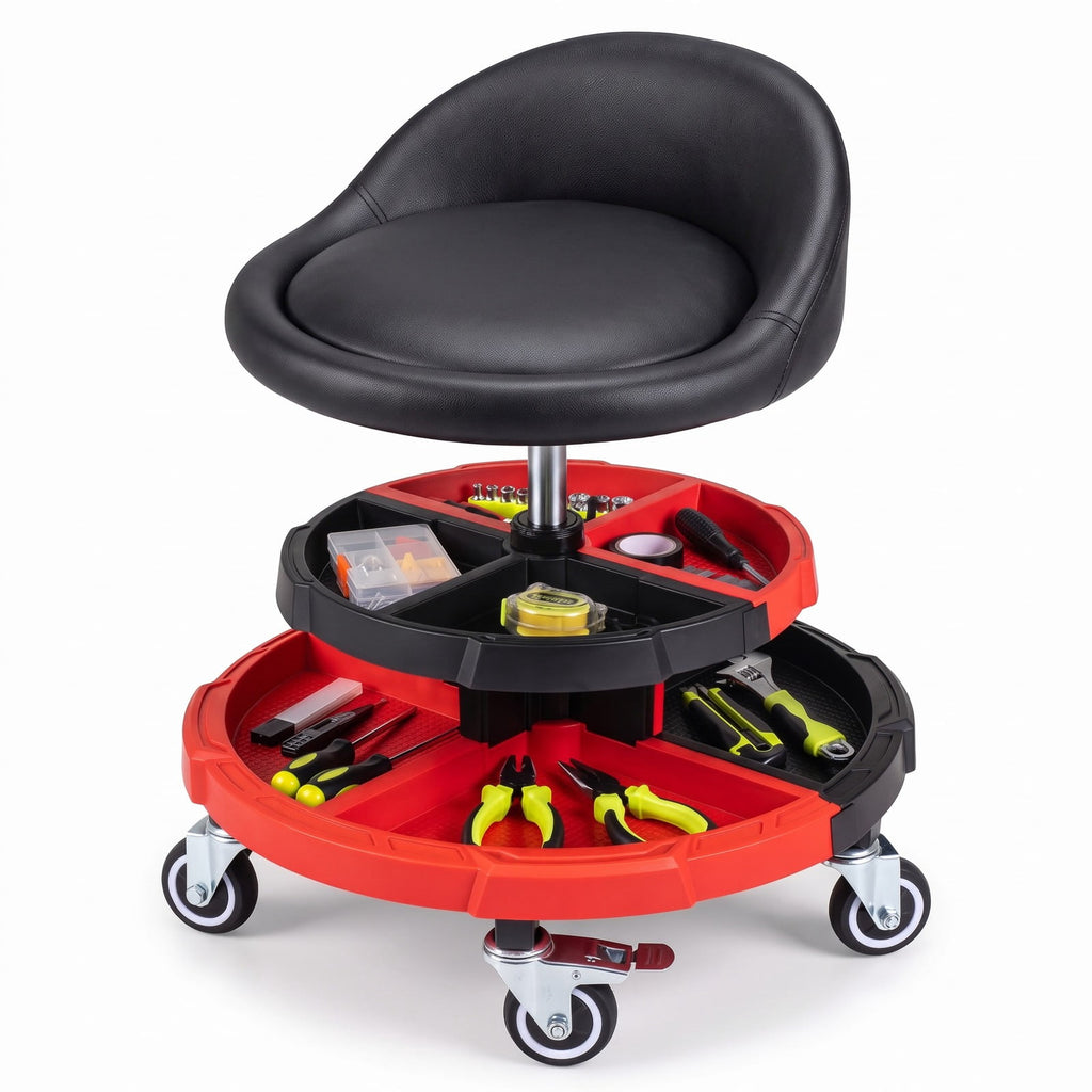 Airfind 360° Rolling Mechanic Stool with 2 Tool Storage Trays, 330 lbs Capacity, Metal Frame, 21 x 21 x 21.5-26.5 Footprint, Red