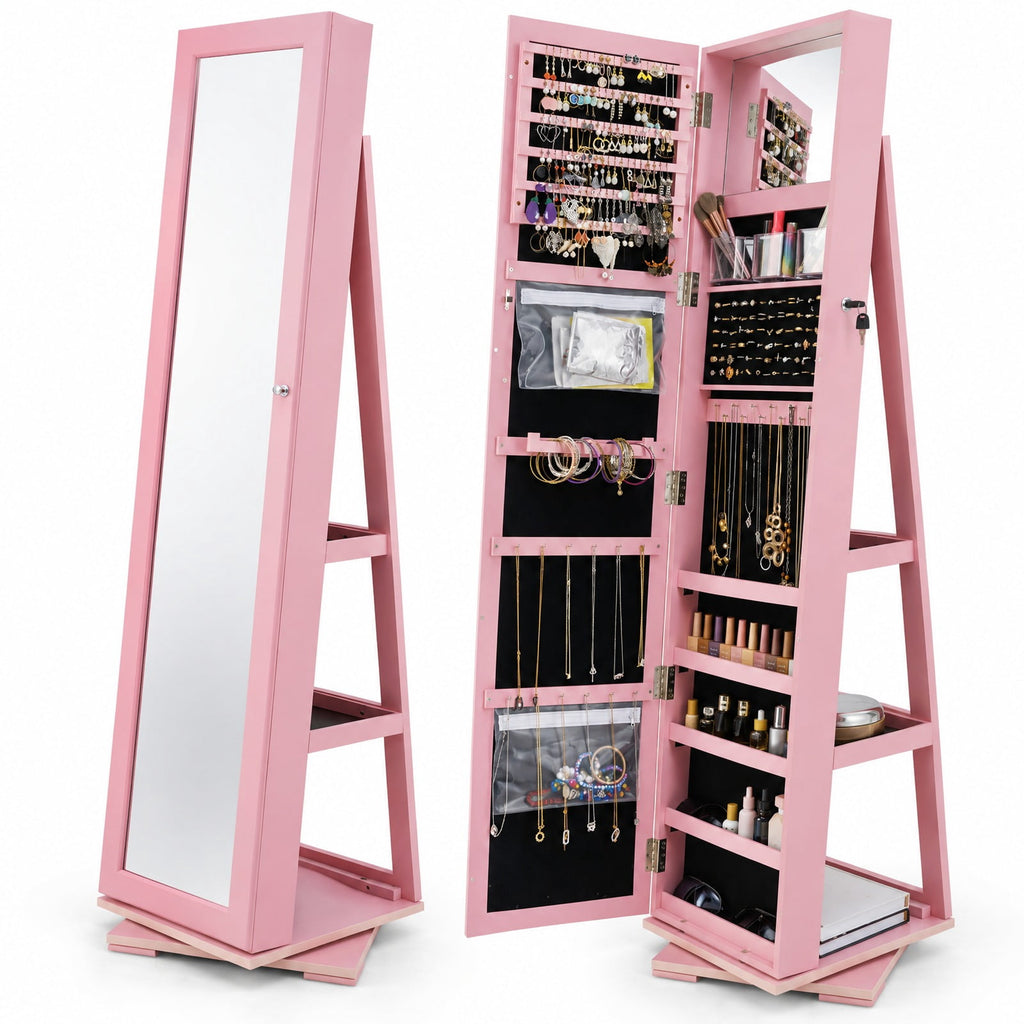 Airfind 360° Rotatable 2-in-1 Lockable Jewelry Cabinet with Full-Length Mirror, P2 MDF, 15 Inch x 15 Inch x 63.5 Inch (L x W x H) External, Pink