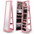 Airfind 360° Rotatable 2-in-1 Lockable Jewelry Cabinet with Full-Length Mirror, P2 MDF, 15 Inch x 15 Inch x 63.5 Inch (L x W x H) External, Pink
