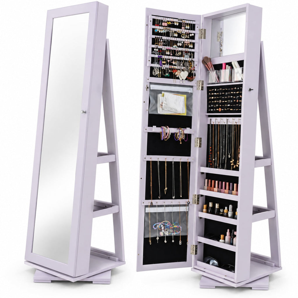 Airfind 360° Rotatable 2-in-1 Lockable Jewelry Cabinet with Full-Length Mirror, P2 MDF Frame, 15 Inch x 15 Inch x 63.5 Inch (L x W x H) External Footprint
