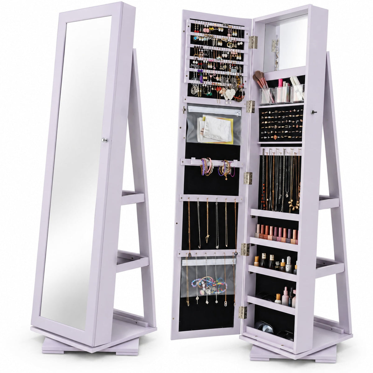 Airfind 360° Rotatable 2-in-1 Lockable Jewelry Cabinet with Full-Length Mirror, P2 MDF Frame, 15 Inch x 15 Inch x 63.5 Inch (L x W x H) External Footprint