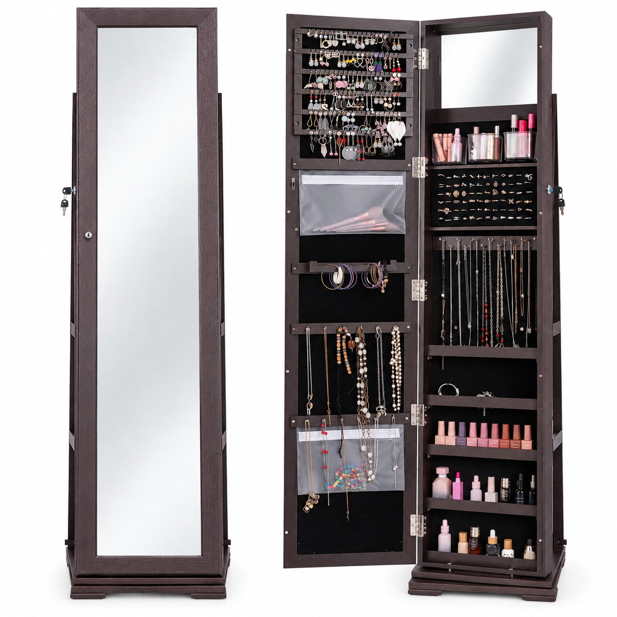 Airfind Jewelry Cabinet, 360¡ã Rotatable 2-in-1 Lockable, with Full-Length Mirror, P2 MDF Frame, 15 Inch x 15 Inch x 63.5 Inch (L x W x H) External, Brown