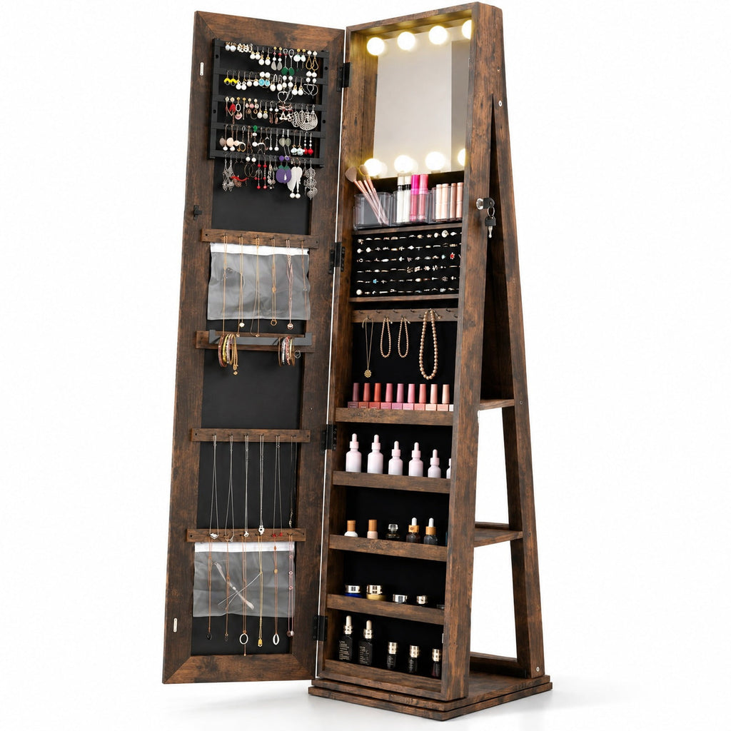 Airfind 360° Swivel Freestanding Jewelry Cabinet with Lighted Full Length Mirror, MDF Frame, Brown, Open storage shelves for easy reach
