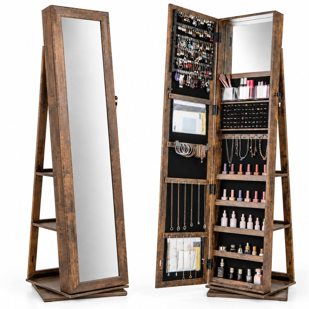Airfind 360° Swivel Jewelry Armoire Standing Jewelry Organizer with Full Length Mirror and Back Shelves, MDF Glass Frame, Brown
