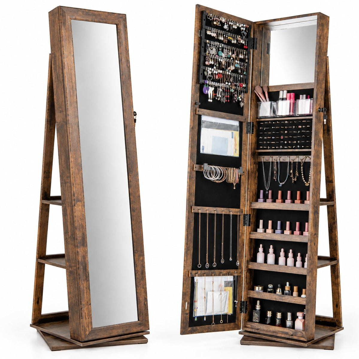 Airfind 360° Swivel Jewelry Armoire Standing Jewelry Organizer with Full Length Mirror and Back Shelves, MDF Glass Frame, Brown
