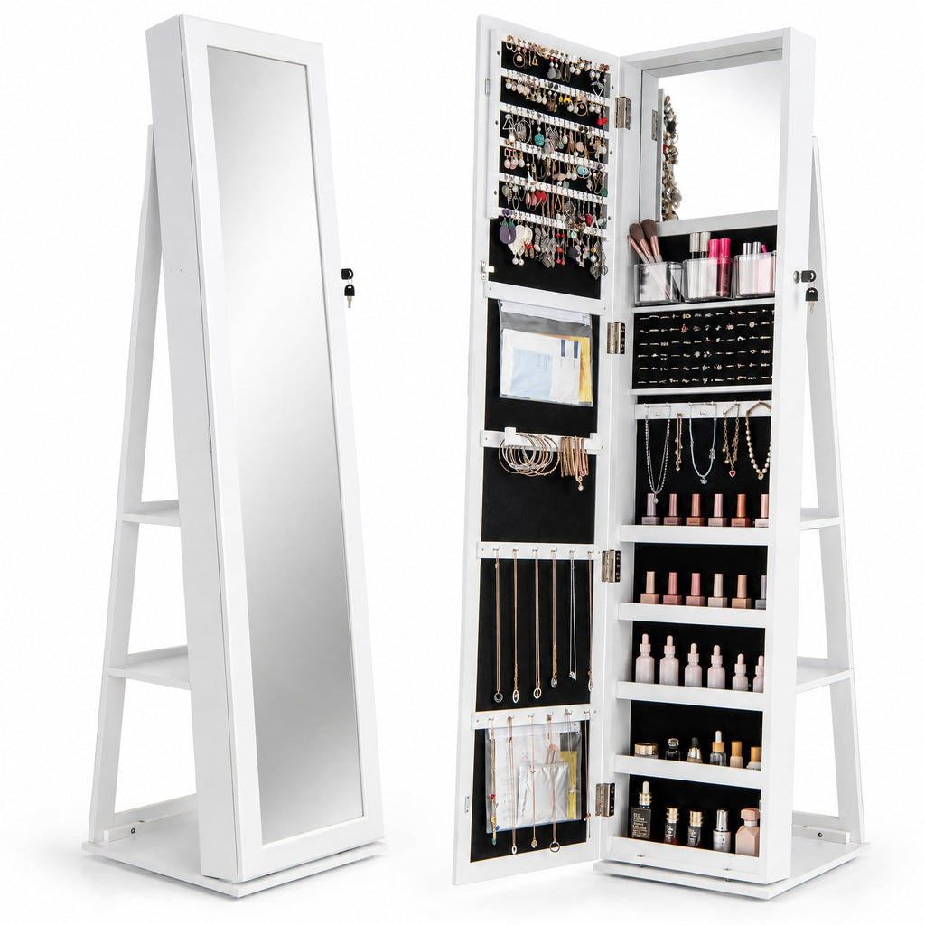 Airfind 360° Swivel Jewelry Armoire Standing Jewelry Organizer with Full Length Mirror and Back Shelves, MDF Glass Frame, White