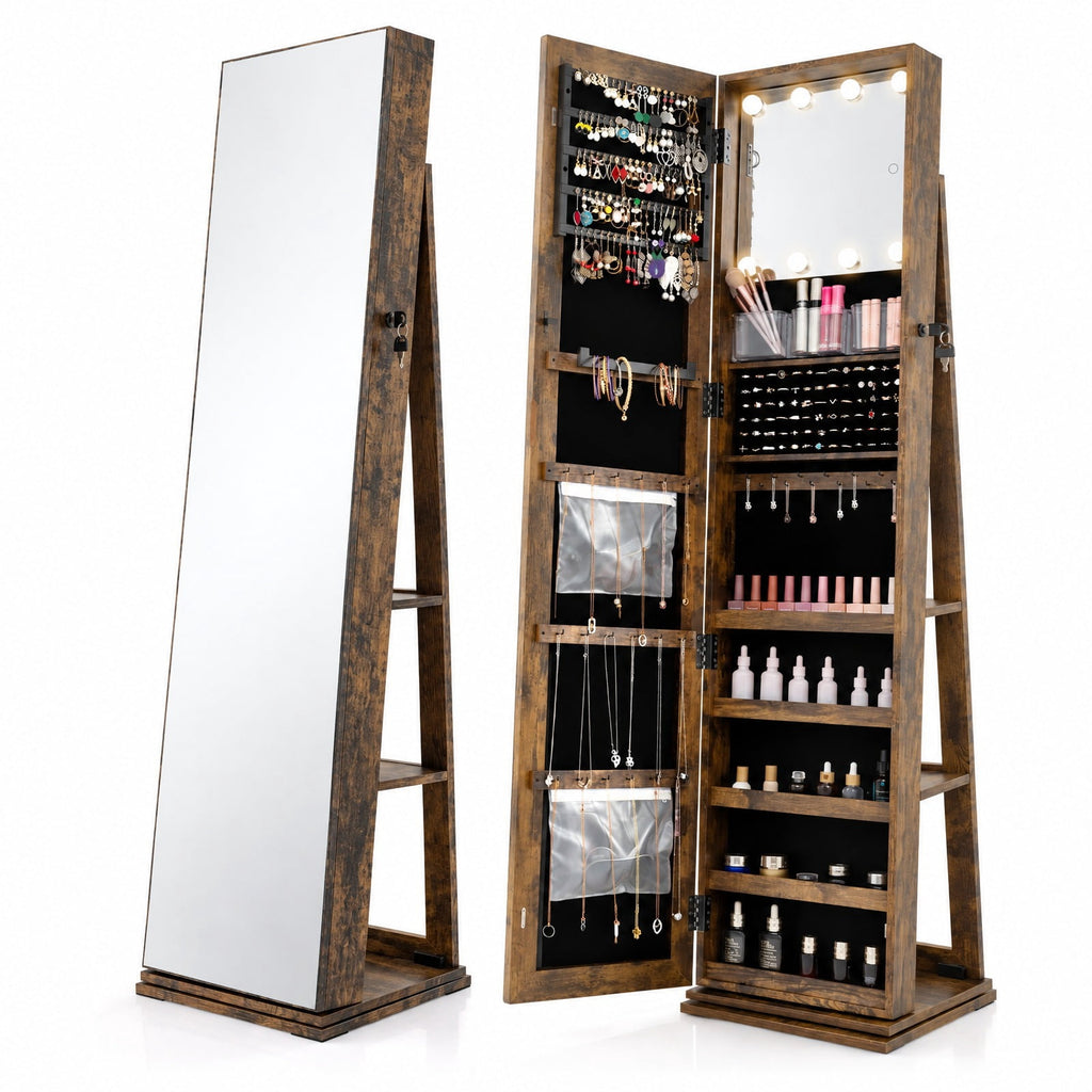 Airfind 360° Swivel Jewelry Cabinet with Full Length Mirror, MDF Frame, Brown, Open storage shelves for easy reach