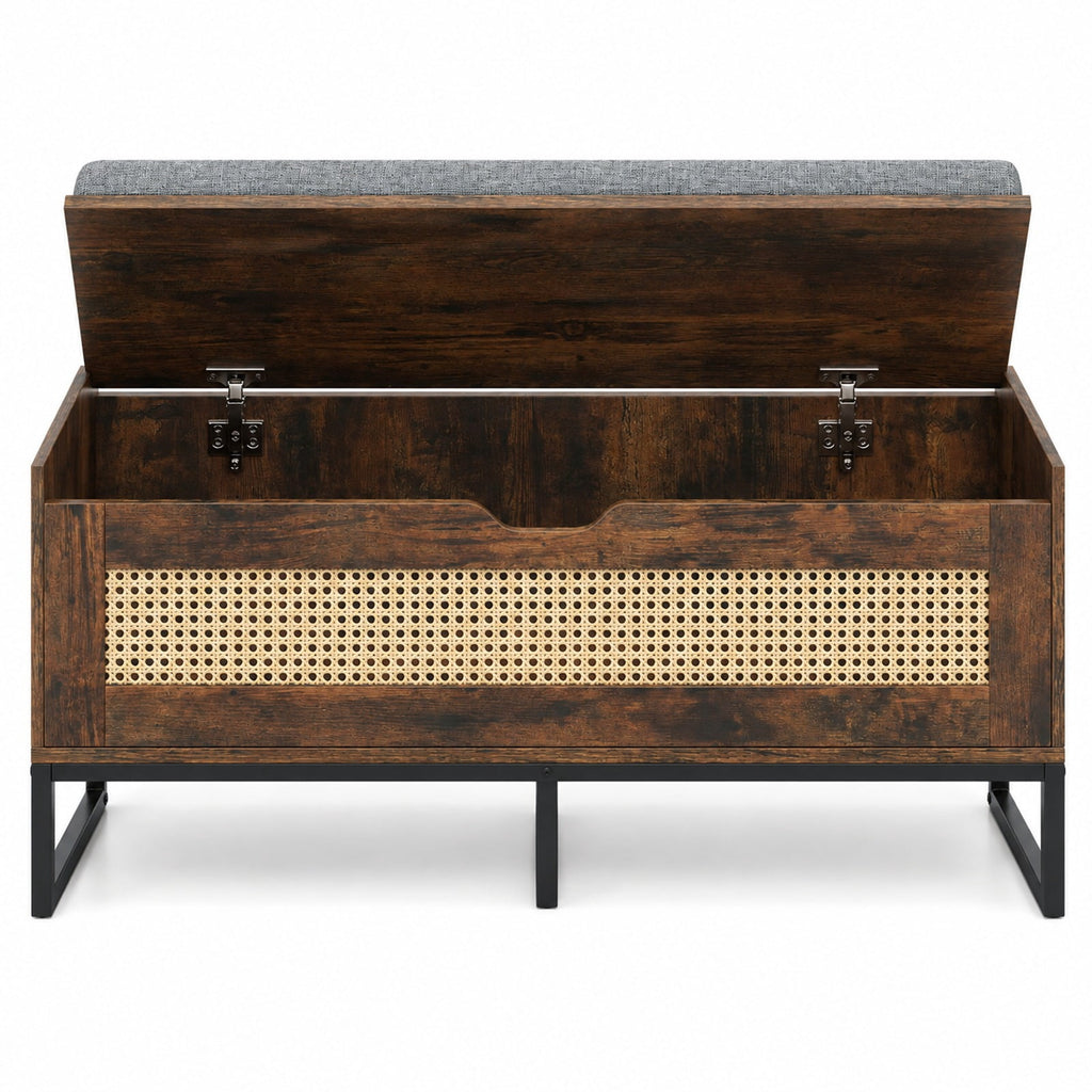 Airfind 39.5in Rattan Storage Chest Wicker Shoe Bench with Padded Seat Flip-Top, 440 lbs Capacity, Engineered Wood PE Rattan Metal Frame, Brown