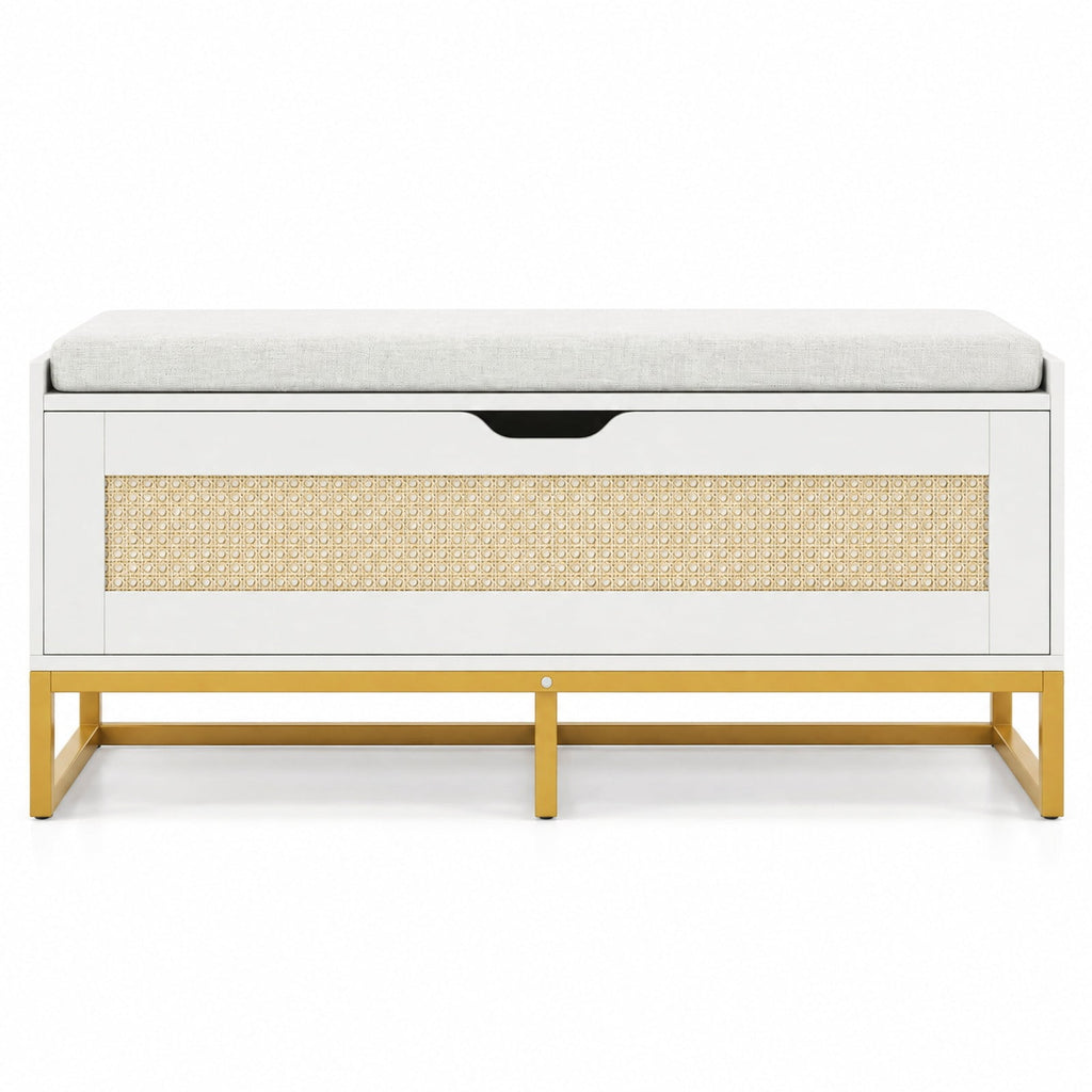 Airfind 39.5in Rattan Storage Chest Wicker Shoe Bench with Padded Seat Flip-Top, 440 lbs Capacity, Engineered Wood PE Rattan Metal Frame, White