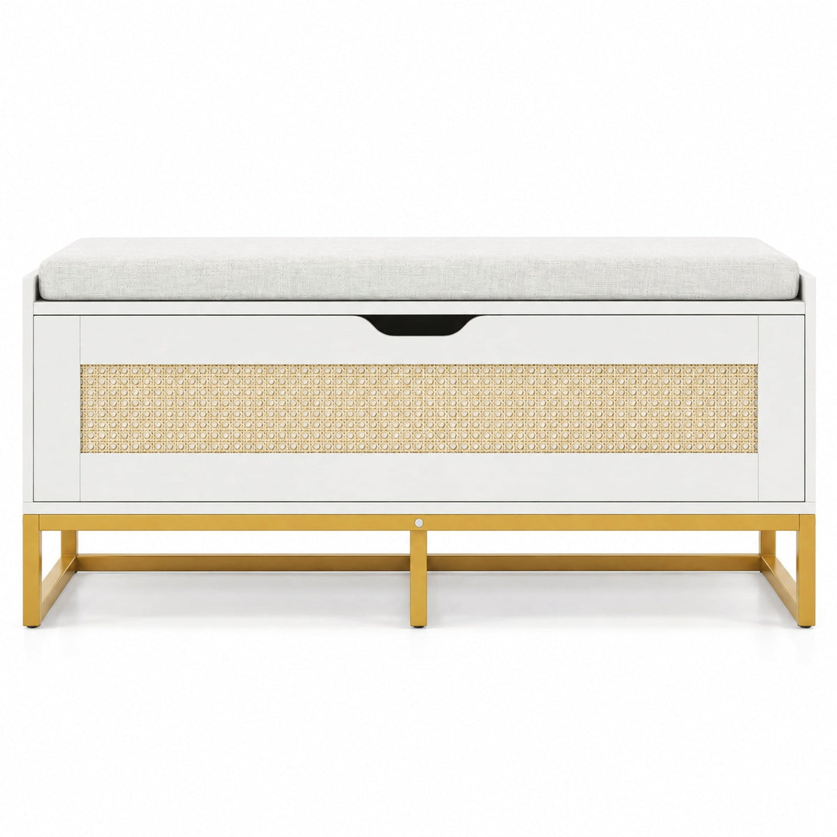 Airfind 39.5in Rattan Storage Chest Wicker Shoe Bench with Padded Seat Flip-Top, 440 lbs Capacity, Engineered Wood PE Rattan Metal Frame, White