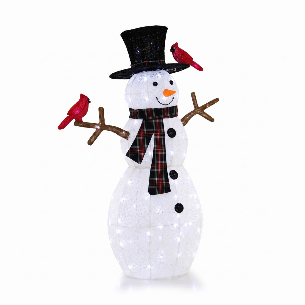 Airfind 4.2 Feet Lighted Snowman and Redbirds Christmas Decoration, Tinsel Fabric Metal Frame, 3.3 x 0.5 x 4.2 ft Footprint, Black+White+Red