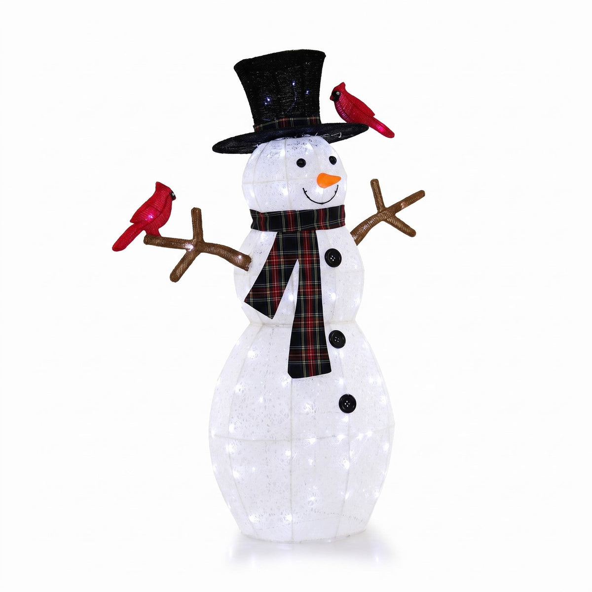Airfind 4.2 Feet Lighted Snowman and Redbirds Christmas Decoration, Tinsel Fabric Metal Frame, 3.3 x 0.5 x 4.2 ft Footprint, Black+White+Red