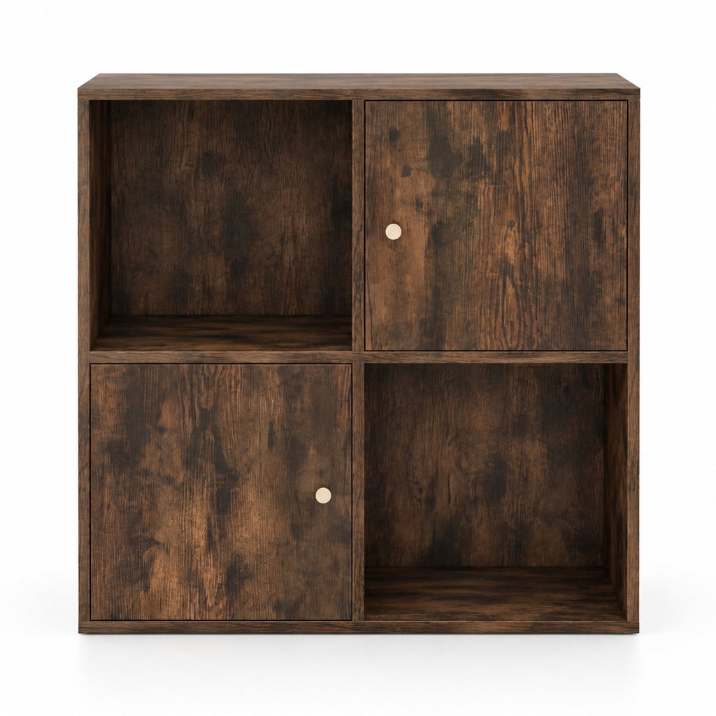 Airfind 4-Cube Bookcase 3-Tier Bookshelf with Dual Anti-Tipping Kits and 2 Cabinets, 110 lbs Capacity, MDF Engineered Wood Frame, Brown