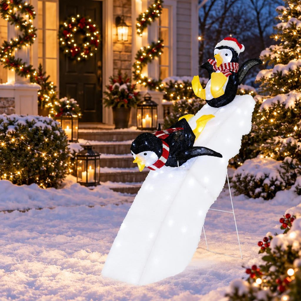 Airfind 4 Feet Christmas Penguin Ice Skating Decor with Snowy Slide, Tinsel Fabric Plush Fabric Metal Frame, Black+White+Yellow