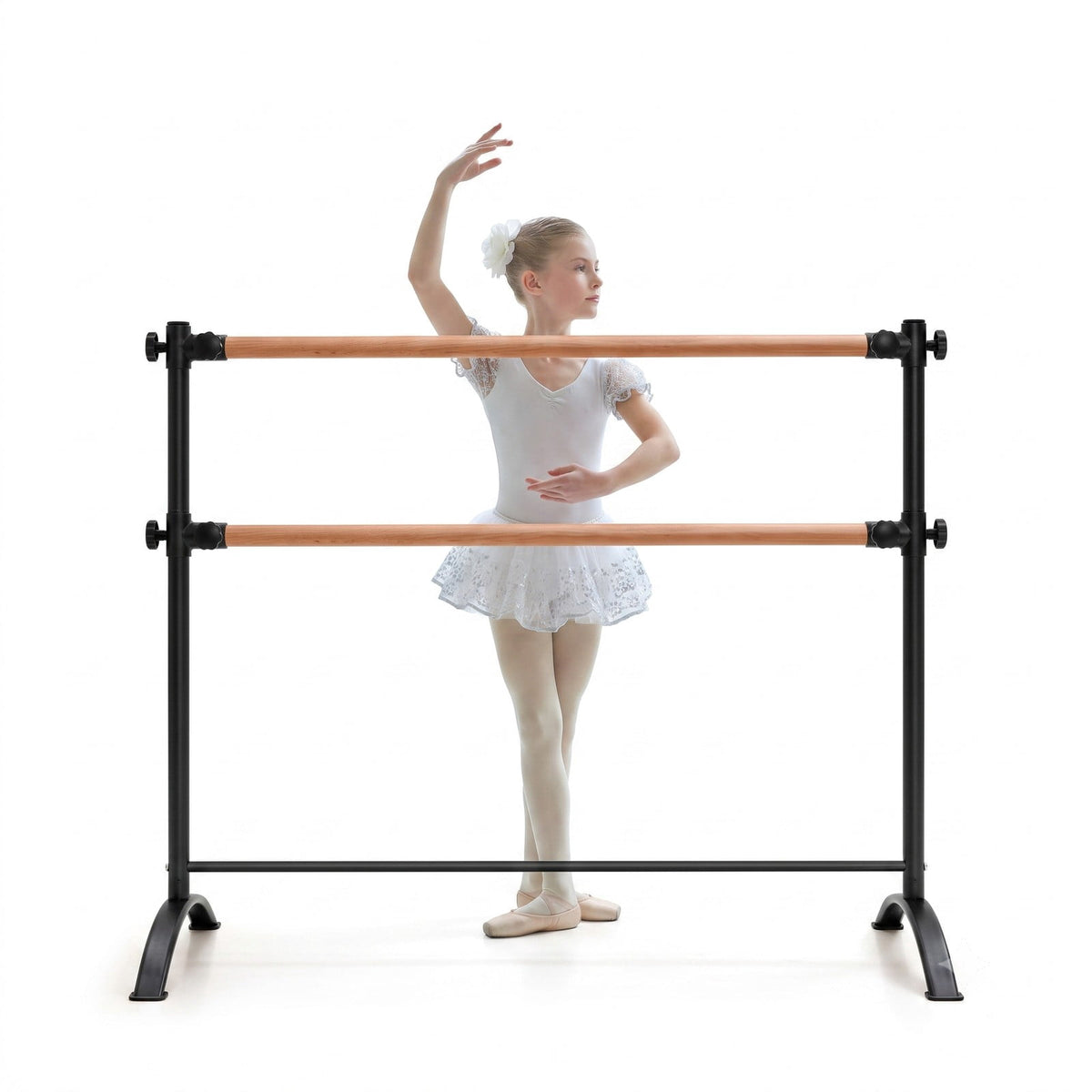 Airfind 4 Foot Freestanding Double Ballet Barre with Beech Wood Rails and 4 Level Height Adjustment for Studio and Home, Black