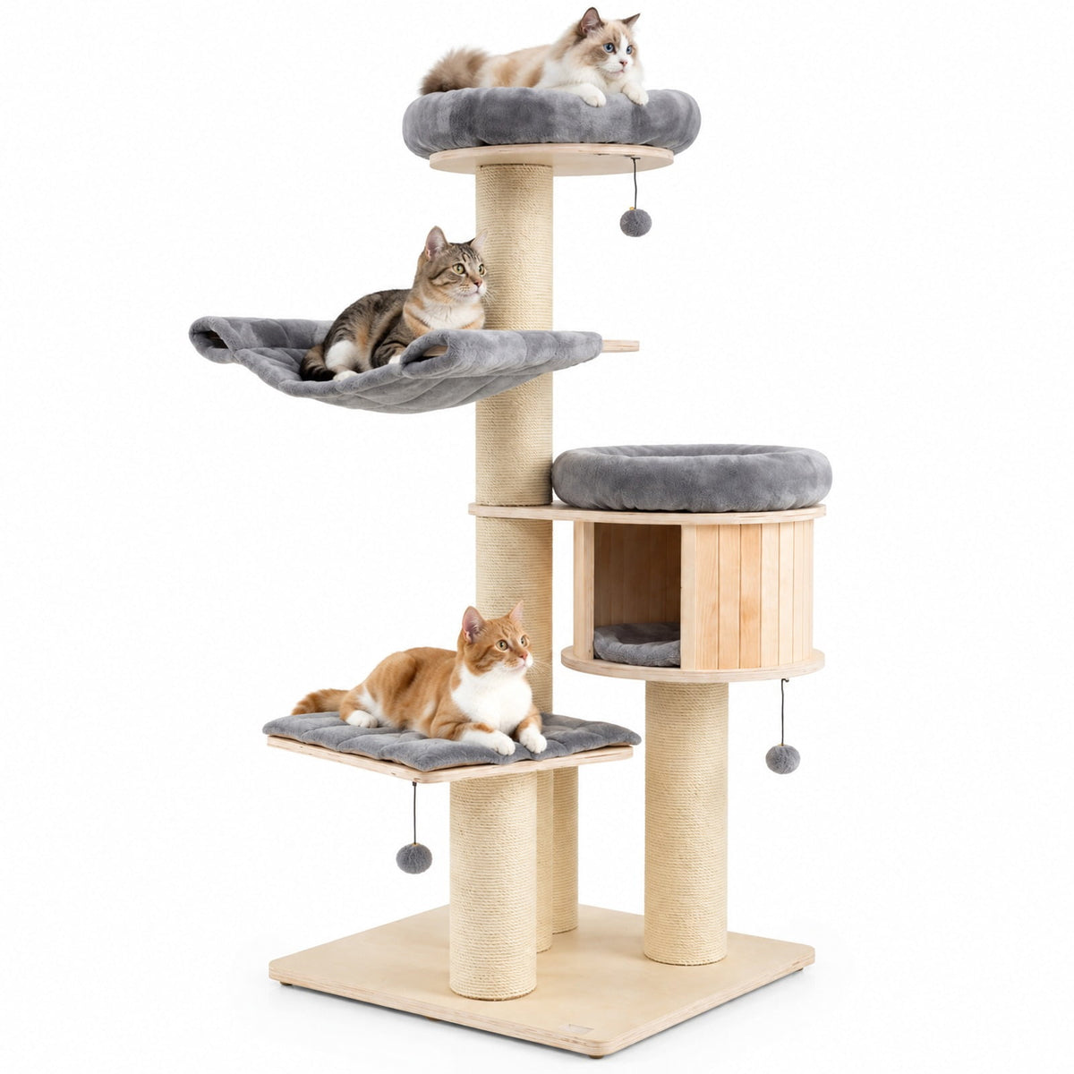 Airfind 4-Layer 68.5-Inch Wooden Cat Tree Condo Activity Tower with Sisal Posts, 33 lbs Capacity, Pine wood birch wood sisal plush Frame, Gray