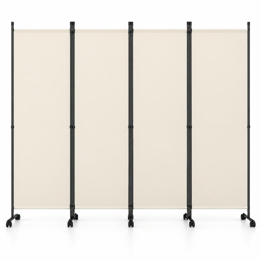 Airfind 4-Panel Room Divider with Lockable Wheels for Living Room, Polyester Fabric Metal Frame, 87in x 14in x 68in Footprint, Beige