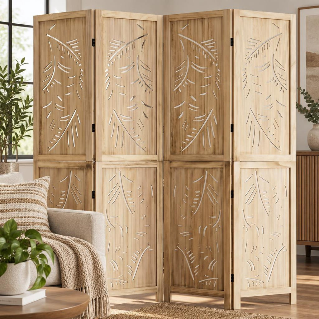 Airfind 4-Panel Wooden Room Divider with Palm Leaf Design and Paulownia Frame for Home, 67in x 16in x 3.5in Footprint, Natural