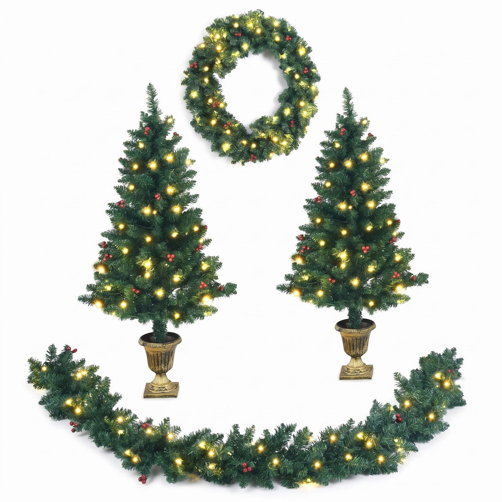 Airfind 4 Pieces Christmas Decoration Set with Garland Wreath and Entrance Trees, Green, diameter 24in, Number of LED lights 200 Battery