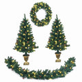 Airfind 4 Pieces Christmas Decoration Set with Garland Wreath and Entrance Trees, Green, diameter 24in, Number of LED lights 200 Battery